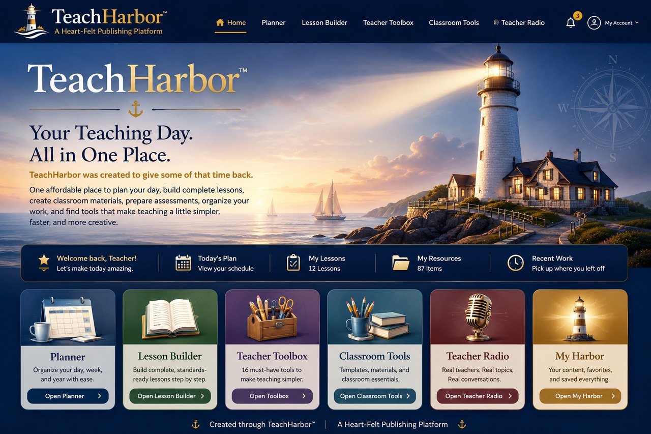 TeachHarbor all-in-one teacher workspace shown on a laptop